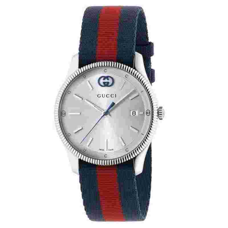 Gucci G-Timeless
                           
                                 Silver Dial Blue and Red Nylon Strap Watch 38mm YA1264237