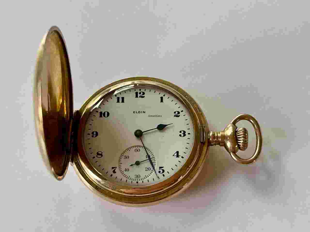 Elgin
                           
                                 Gold Filled White Porcelain Dial Antique Pocket Watch Hunter Case Made in USA