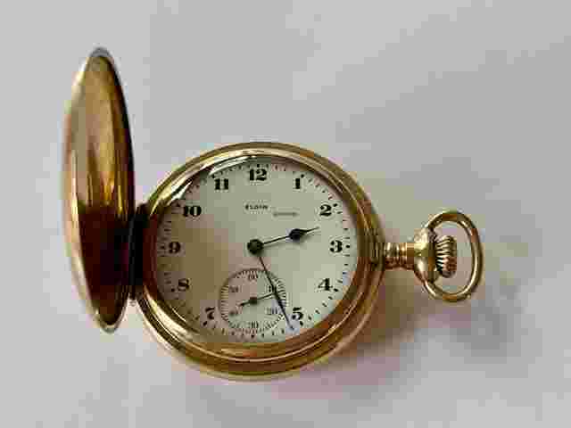 Elgin
                           
                                 Gold Filled White Porcelain Dial Antique Pocket Watch Hunter Case Made in USA