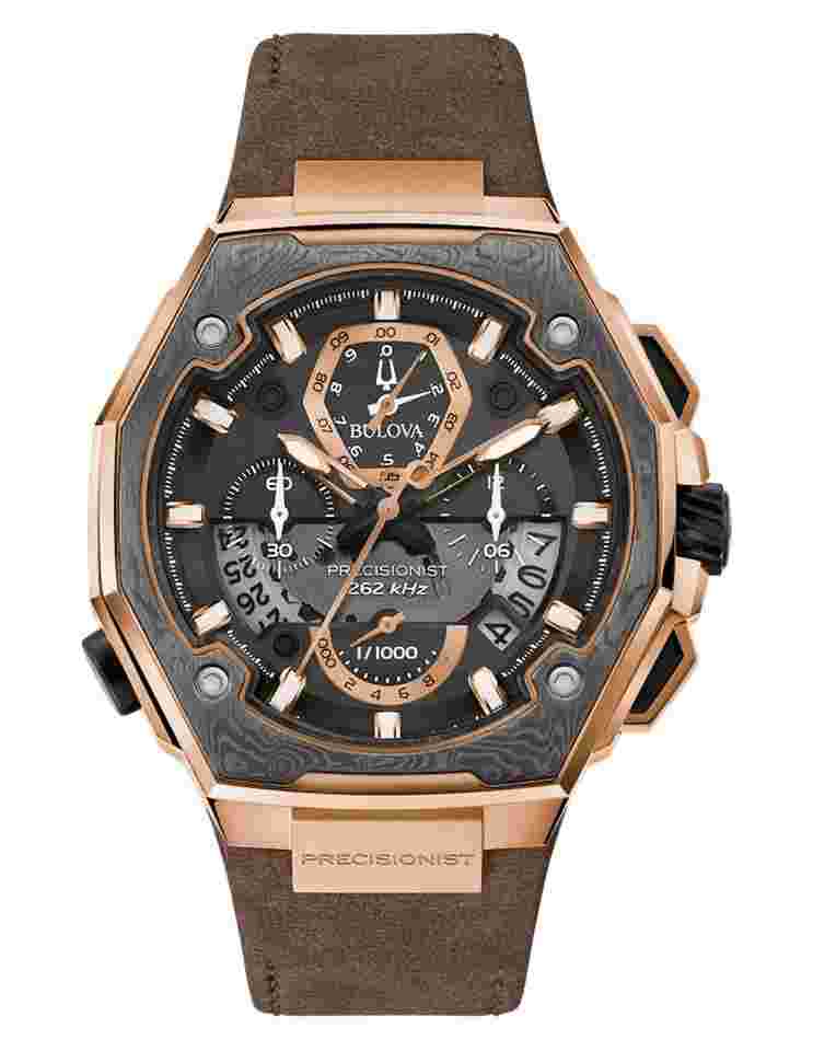 Bulova Precisionist 98B356 Quartz Damascus Steel case sapphire crystal 50m WR leather band 98B356 Quartz Damascus Steel case sapphire crystal 50m