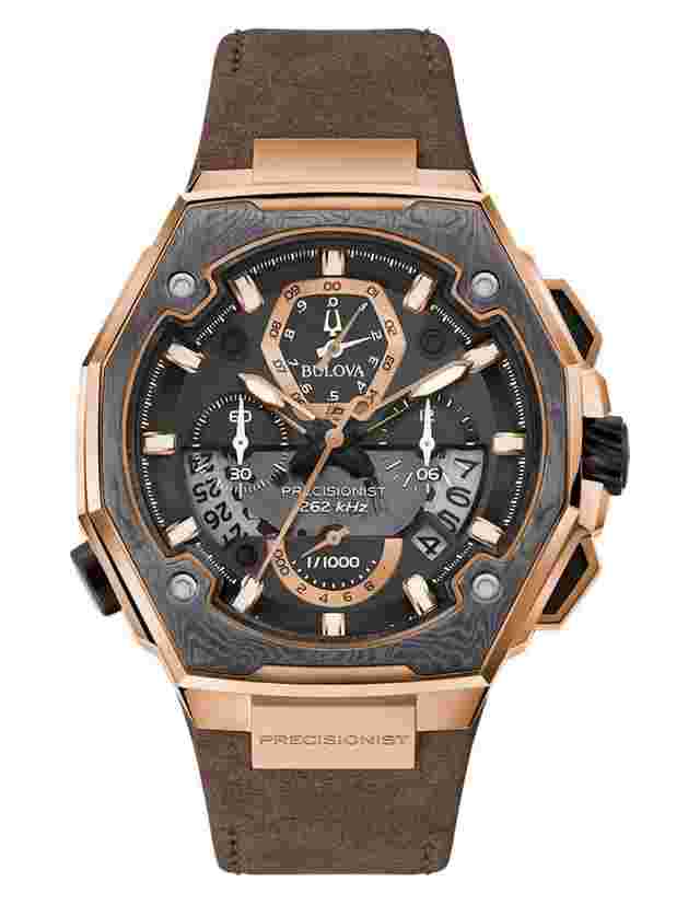 Bulova Precisionist 98B356 Quartz Damascus Steel case sapphire crystal 50m WR leather band 98B356 Quartz Damascus Steel case sapphire crystal 50m