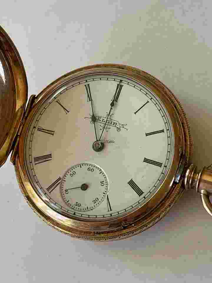 Elgin
                           
                                 Solid 10K Gold Hunter Pocket Watch Porcelain Dial Roman Numbers Antique FOB Chain Slider