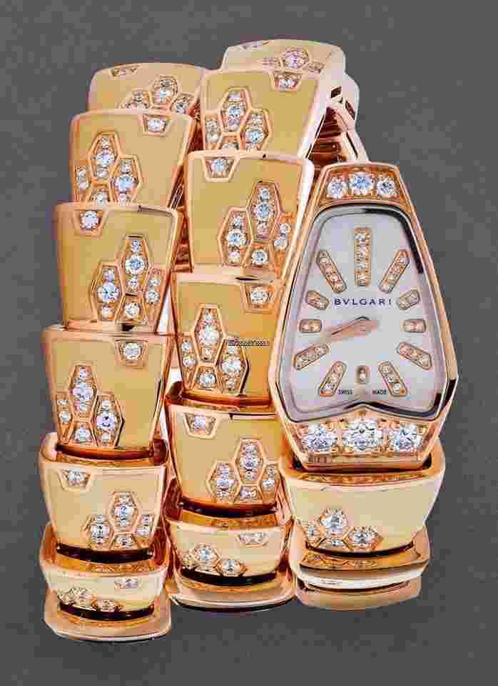 Bulgari Serpenti
26mm in Rose Gold with Diamonds Rose Gold on Two Twirl Bracelet with White Dial