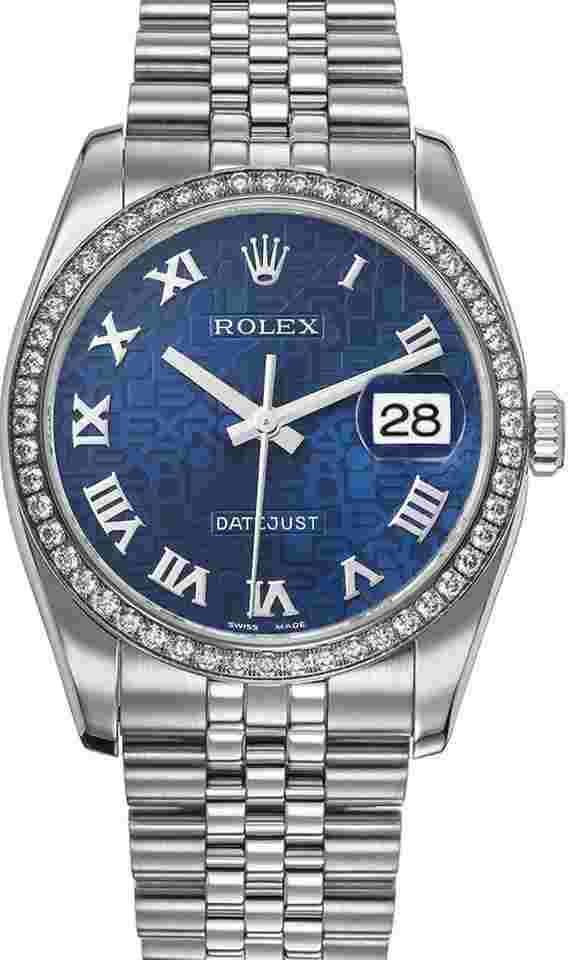 Rolex Datejust 36
New Style Datejust Stainless Steel Rolex Factory Diamond Bezel & Blue Anniversary Roman Dial on Jubilee Bracelet 116244