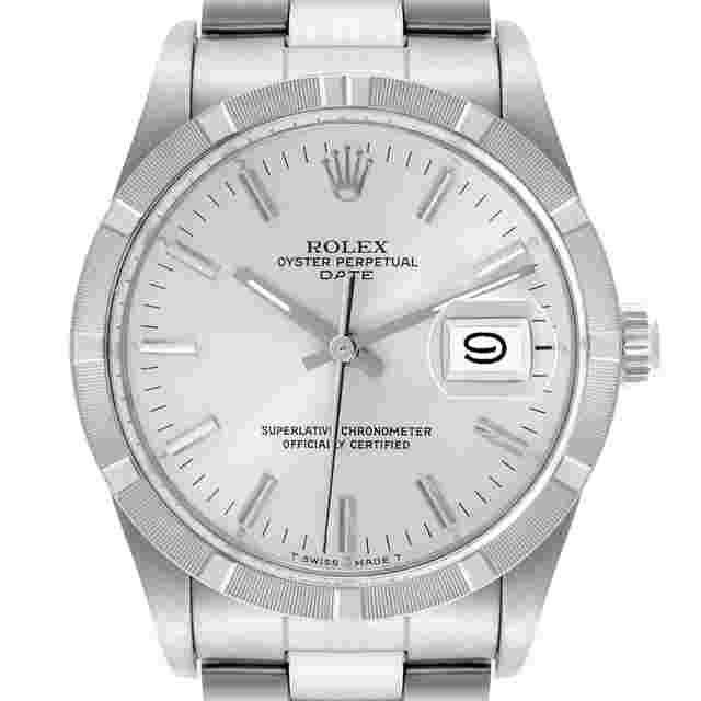 Rolex Oyster Perpetual Date
                           
                                 Steel Silver Dial Engine Turned Bezel Vintage Mens Watch 15010