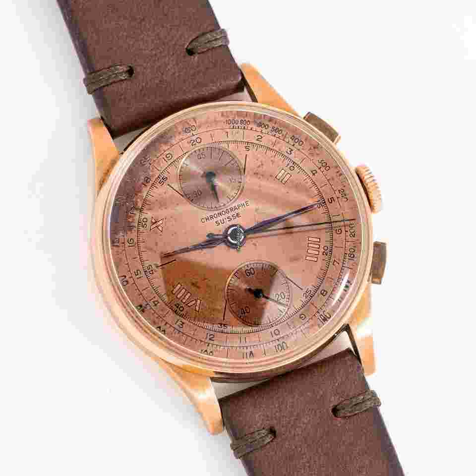Chronographe Suisse Cie
                           
                                 1950's Vintage Chronographe Suisse 2-Register Chronograph 18k Rose Gold Watch ( 15198)