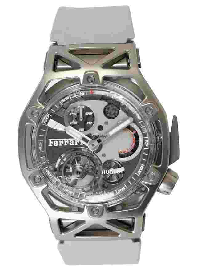 Hublot Techframe Ferrari Tourbillon Chronograph
                           
                                 in White Gold on Grey Rubber Strap with Grey Dial--Limited to 70 Pieces
