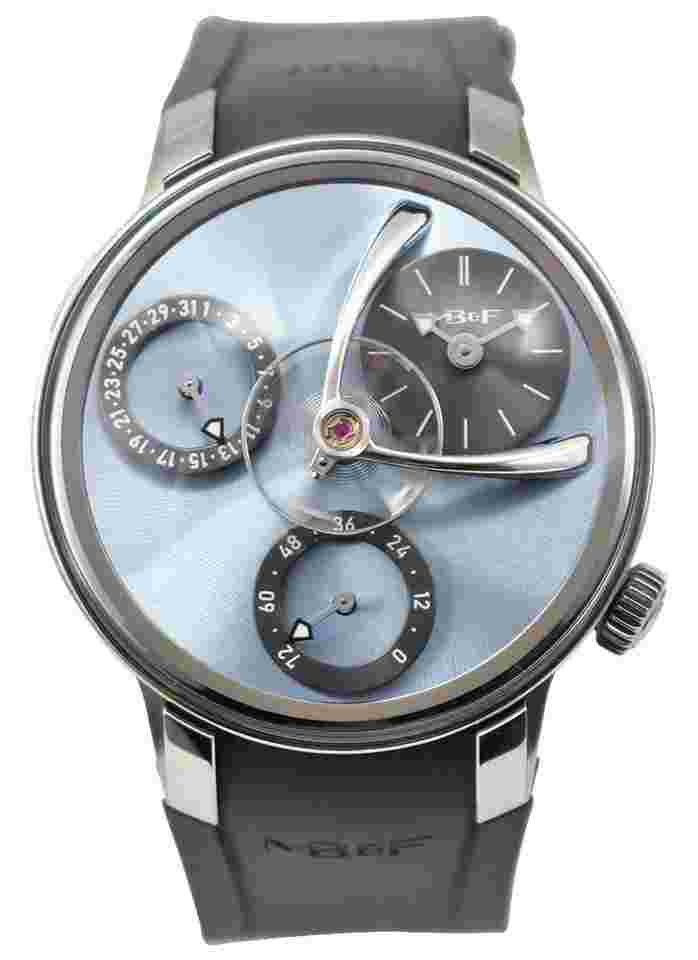 MBandF Legacy Machine Split Escapement EVO in Titanium on Grey Rubber Strap with Ice Blue Dial