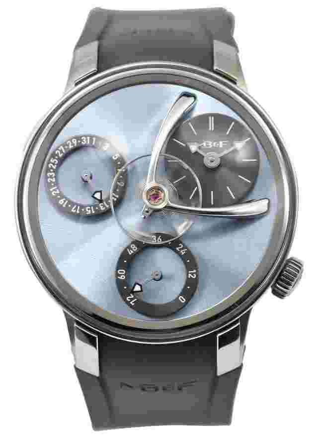 MBandF Legacy Machine Split Escapement EVO in Titanium on Grey Rubber Strap with Ice Blue Dial