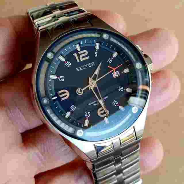 Sector Quartz all steel - WR 100m Big Size Vintage 05 NOS Full Set Beautiful blue dial with applied indexes and date