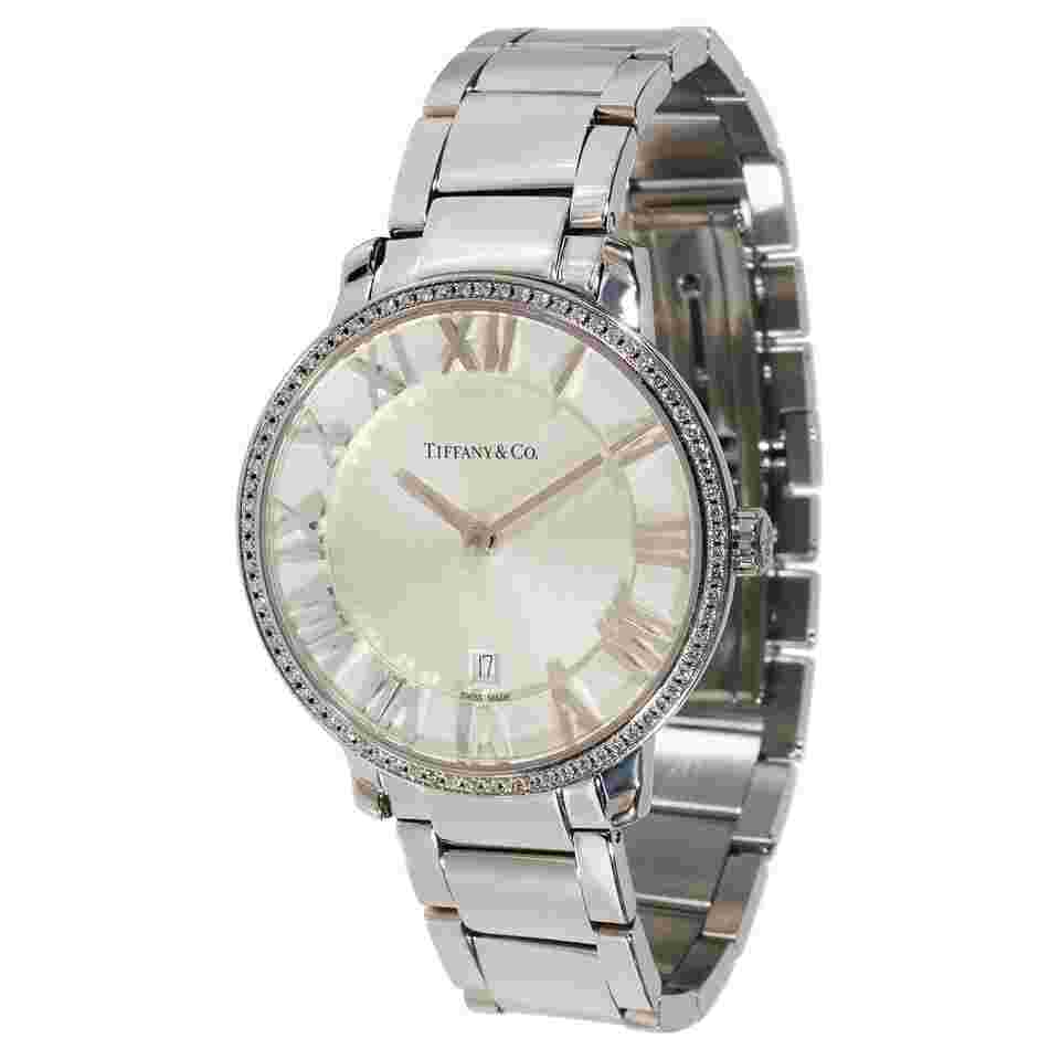 Tiffany Atlas 2-Hand 31mm Steel Silver Azure Dial Round Diamond Bezel Watch