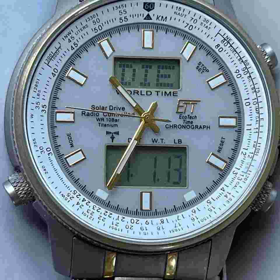 ETT Eco Tech Time Solar Drive Radio Controlled Chronograph World Timer Titanium Aviation