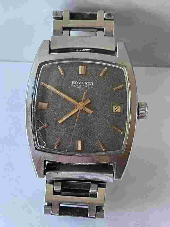 Hoverta Rotomatic Automatic Calendar Date Black Dial Vintage Stainless Steel Swiss Made 