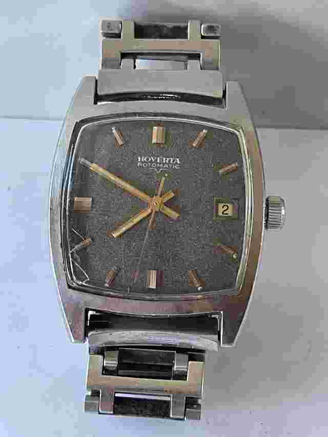 Hoverta Rotomatic Automatic Calendar Date Black Dial Vintage Stainless Steel Swiss Made 