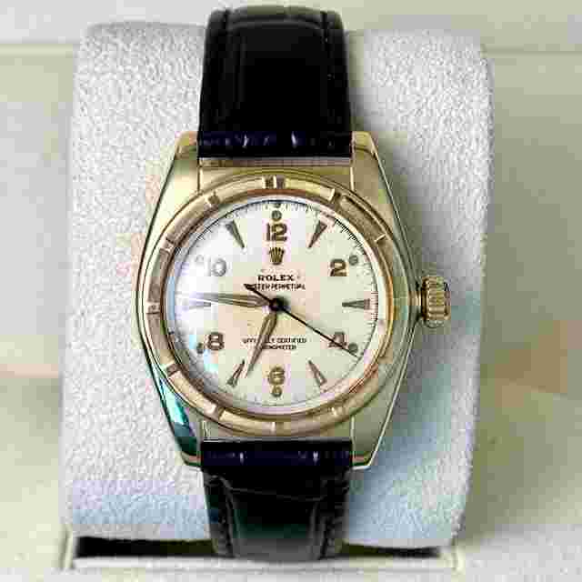 Rolex Oyster Perpetual 1950s Yellow Gold PAPERS Automatic Chronometer Bubble Back Leather Band Original Papers Service Papers Army Paperwork