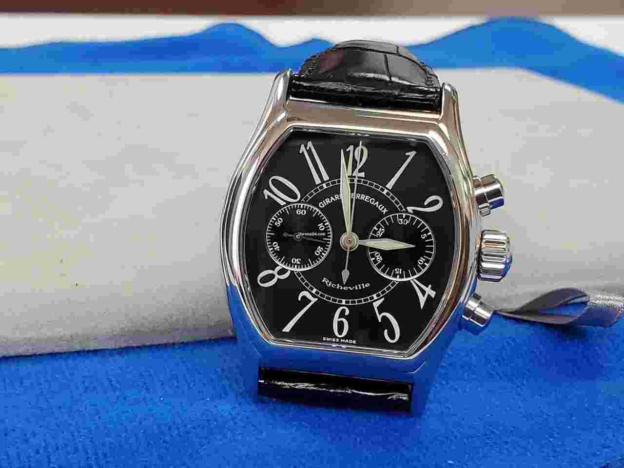 Girard Perregaux Richeville Bi-Compax Chronograph Arabic Black Charcoal Dial Unpolished Classic Tonneau Mechanical Hand Wound Near NOS