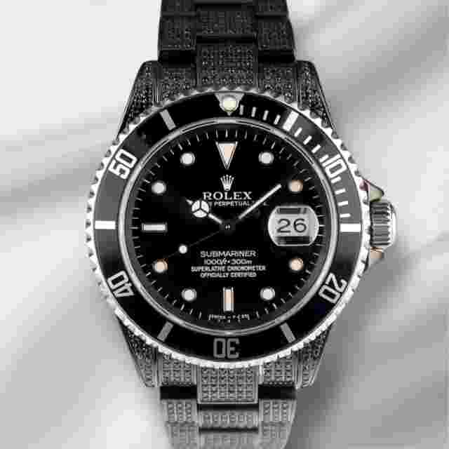 Rolex Submariner Date 40mm Black Iced Out 5ct Diamonds Oyster Steel Watch 16610