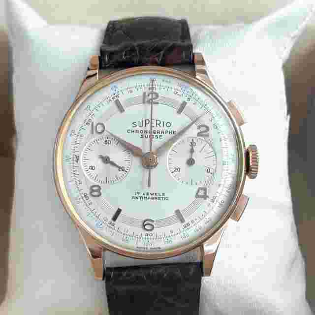 Superio Chronograph Suisse 36mm 18k Gold Handaufzug Landeron 51 Rosegold Herrenuhr 