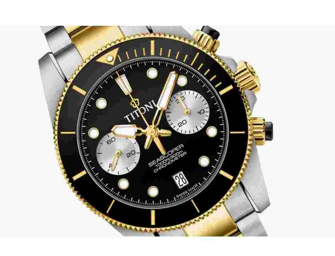 Titoni Seascoper Chronograph Gold PVD New Full Set Warranty Official dealer 