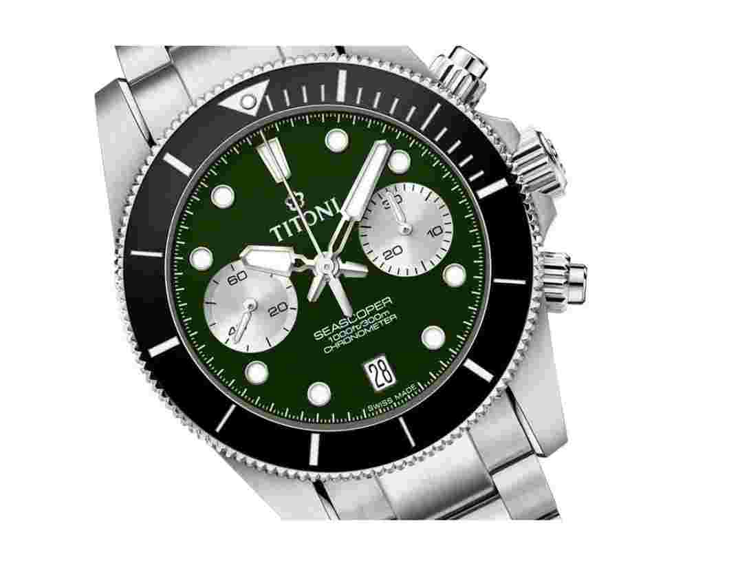 Titoni Seascoper Chronograph Green New Full Set Warranty Official dealer 