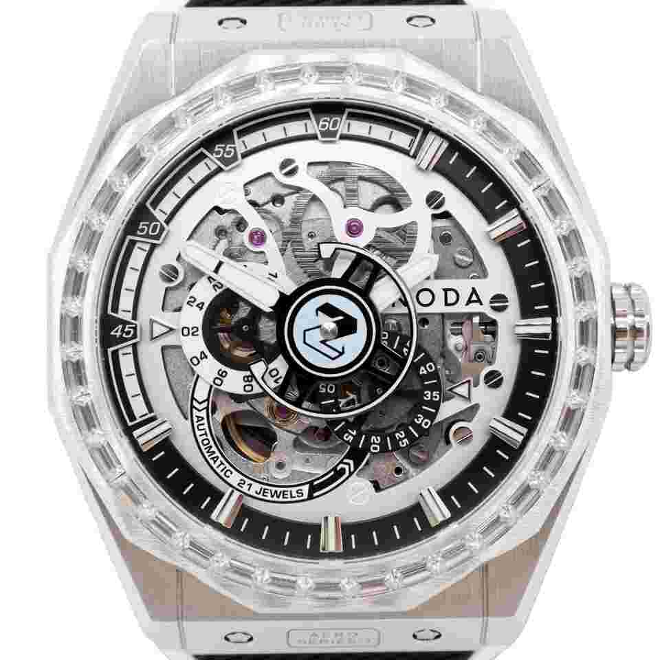 Noda Aero Series-1 43MM Steel CZ Stone White Skeleton Dial Automatic Watch 