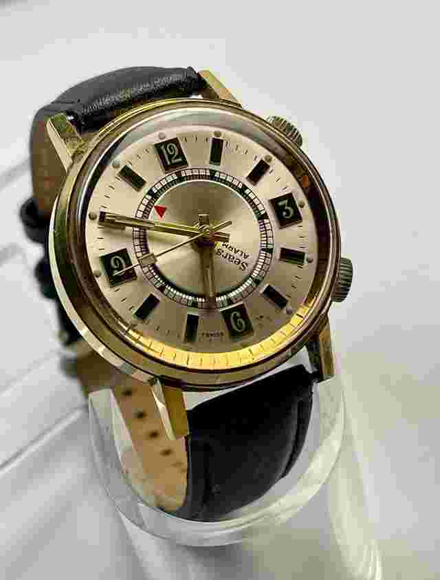 Sears by Agon Chromatic Watch Corp Alarm Rotating Alarm Disc Cal.1475 Two Tone Silver Dial Vintage Swiss Made 