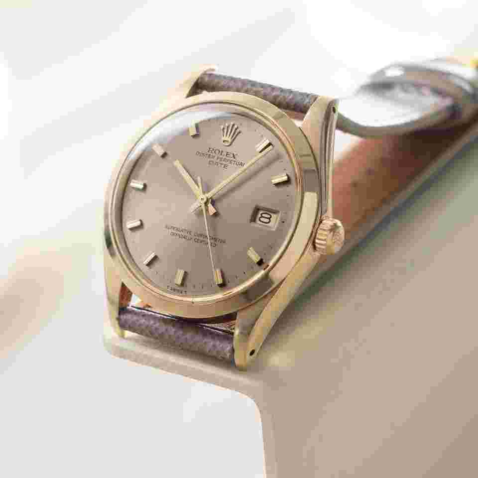 Rolex Oyster Perpetual Date 500 Taupe Singer Proto/Test Dial in 14k Yellow Gold