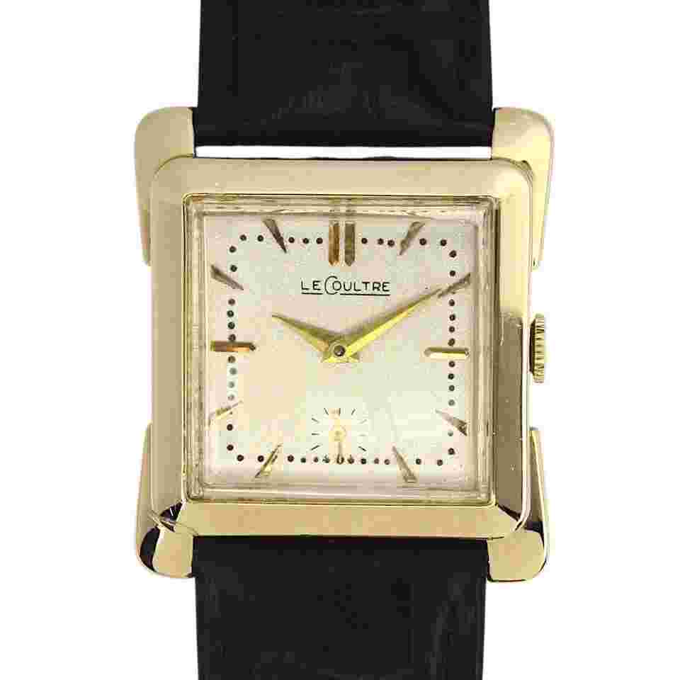 Le Coultre Cioccolatone Vintage Manual Winding Silver Dial 14K Yellow Gold Black Leather Band 1950s