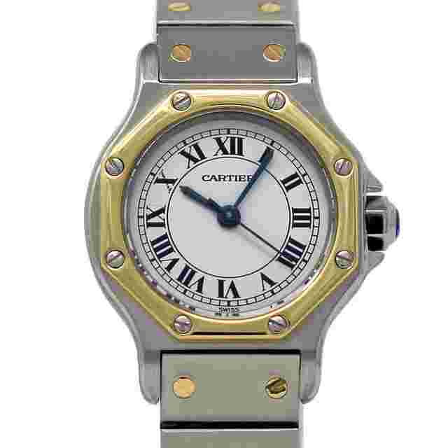 Cartier Santos Octagon Steel Gold Automatic White Roman 1Year Warranty #547-1
