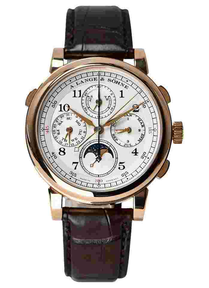 A. Lange & Söhne 1815 and Sohne 1815 Perpetual Calendar Rattrapante in Rose Gold on Brown Leather Strap and Deployant Buckel with White Dial