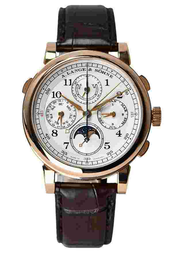 A. Lange & Söhne 1815 and Sohne 1815 Perpetual Calendar Rattrapante in Rose Gold on Brown Leather Strap and Deployant Buckel with White Dial