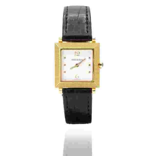 Boucheron Carrée 23MM 18K Yellow Gold / White Arabic Dial / Leather Strap / Box and Papers 2005 / Perfect Condition [ 25 Grams Gold Net Weight ]