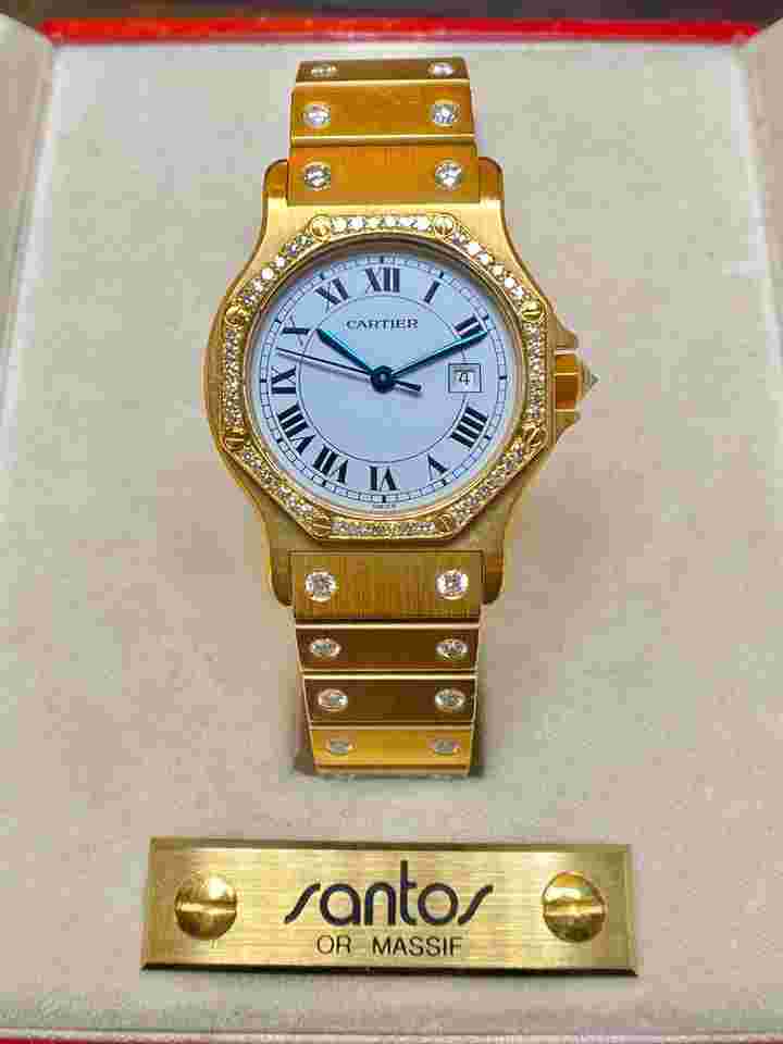 Cartier Santos
Octagon Factory Diamond 18K Yellow Gold Patina Spider Dial White Roman with Box