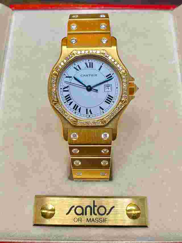 Cartier Santos
                           
                                 Octagon Factory Diamond 18K Yellow Gold Patina Spider Dial White Roman with Box