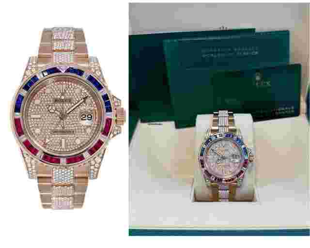 Rolex GMT-Master II
                           
                                 Everose Gold Full Diamond Paved Dial Bracelet Sapphire & Ruby