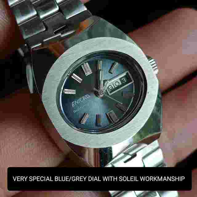 Enicar Lady Sturdy Case all Steel Day-Date Vintage 70 NOS Blue/Grey Soleil dial with large applied indexes