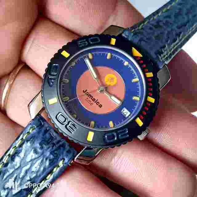 Pryngeps Jamaica Time Quartz - Two-tone dial with applied indexes Vintage 90 NOS Full Set Rotating Bezel Date - UNISEX