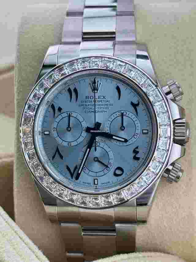 Rolex Daytona
                           
                                 Arabic Ice Blue Dial Bugguatte Diamond Bezel Open caseback New Reference