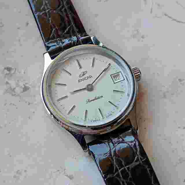 Enicar Lady Manual Winding Date WR Swiss Vintage 80 NOS Revelation Blue dial with applied indexes mod. Revelation - New Old Stock Manual Winding. 