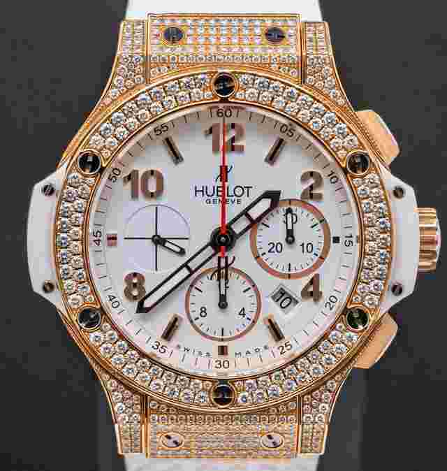 Hublot Big Bang 44 mm
                           
                                 Rose Gold $55K MSRP FACTORY DIAMONDS White Dial Complete Box Papers Chronograph