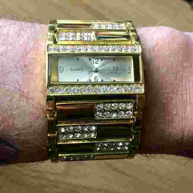 Blue Sister - GOLD & CRYSTALS / CHIC style XL watch 38mm width / RARE vintage 1980s / TOP condition / Keeps GOOD TIME / NEW battery