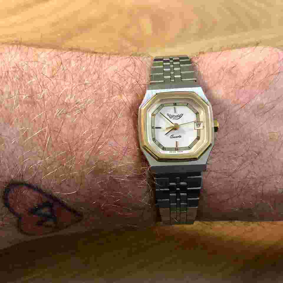 Stewag - SWISS MADE / JustDate ETA movt / GOLD pl bezel / 23x27mm case / EXTRA RARE and VERY BEAUTIFUL vintage 1980s / FULLY working / Keeps GOOD TIME / NEW battery
