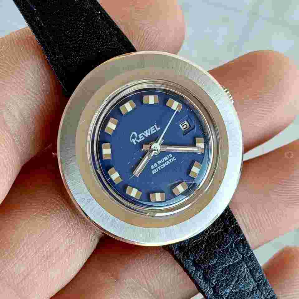 Rewel Lady Automatic - St.Steel - Vintage 70 NOS Blue dial with large applied indexes and date at 3 o'clock