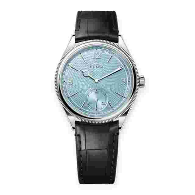 Pre-Owned Rolex 1908 Platinum 39mm Ice Blue Dial Black Leather Strap 52506-0003