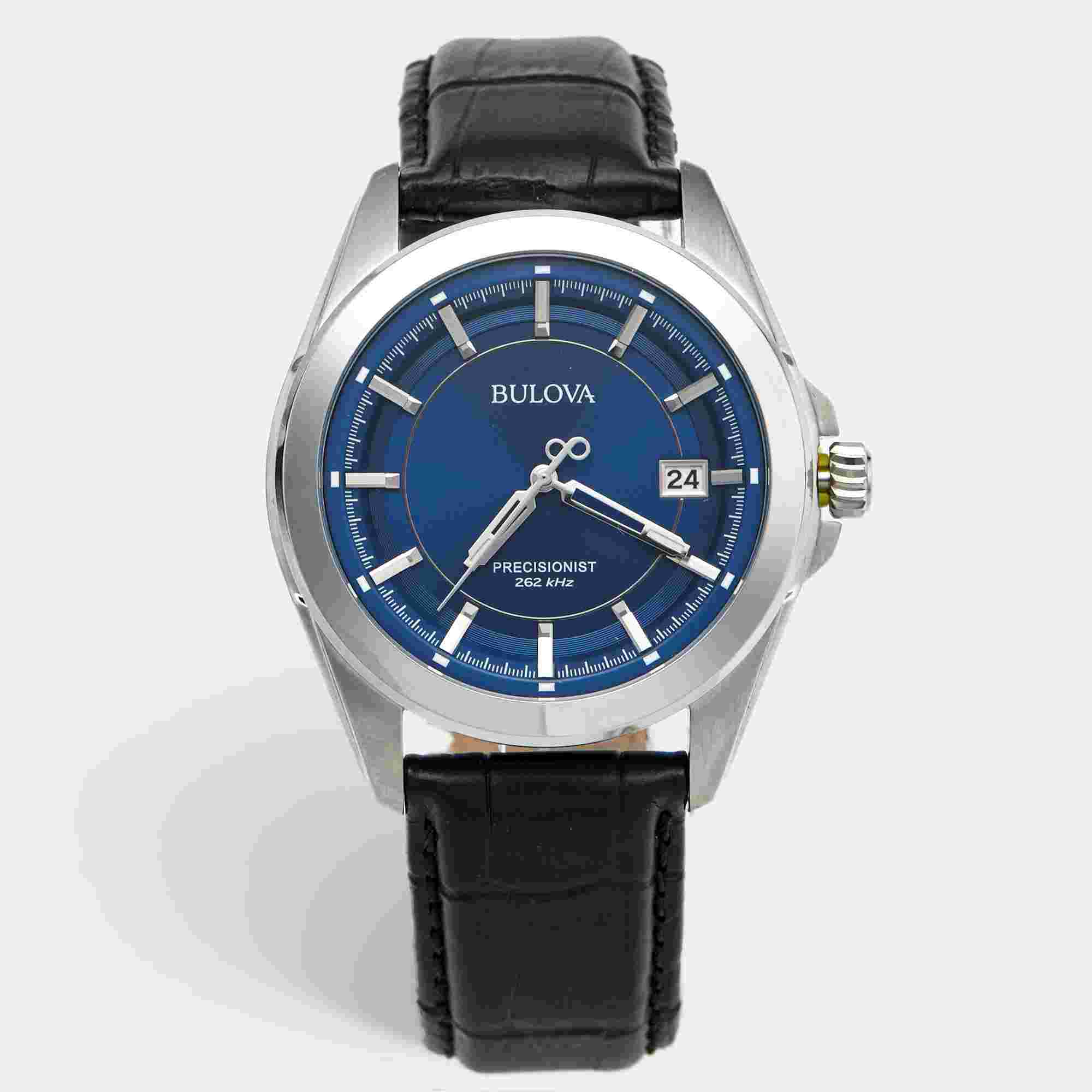 Bulova Precisionist 96B257 Blue Dial Stainless Steel Leather Men's Wristwatch 43 mm