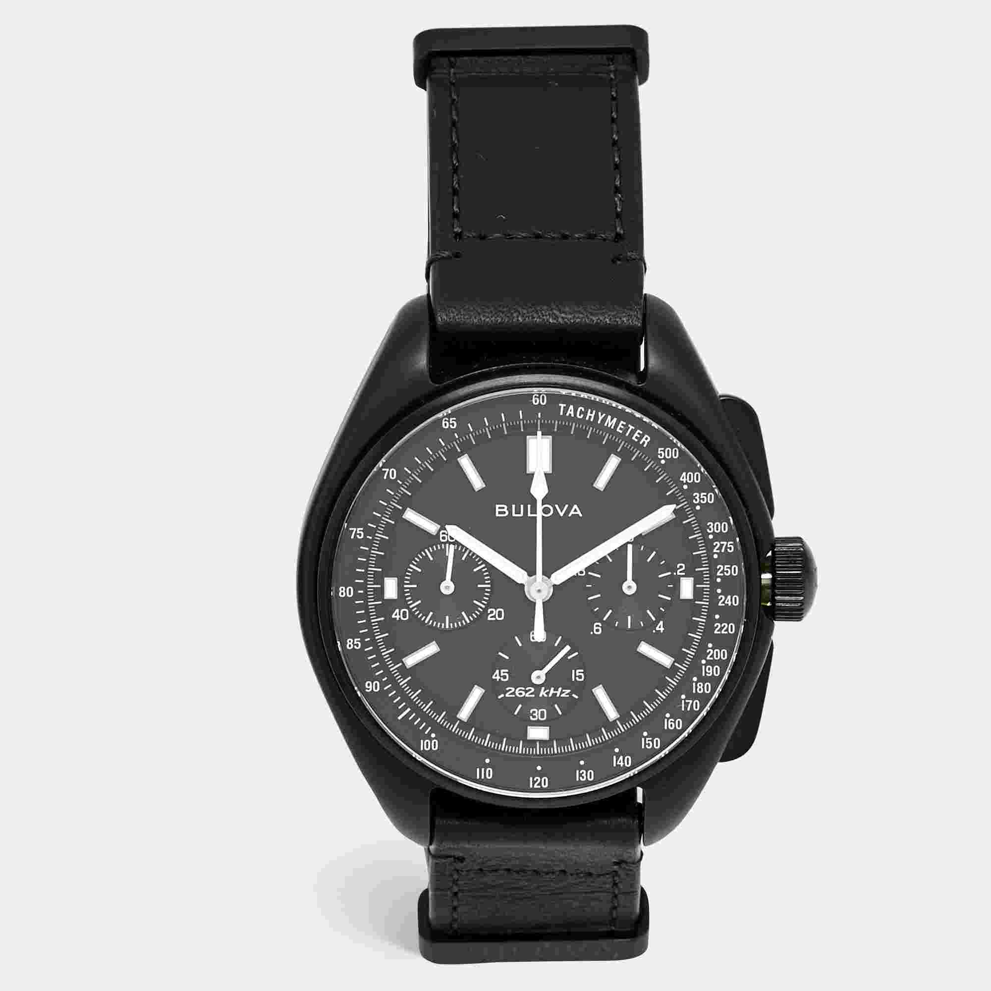 Bulova Lunar Pilot Dark Side Special Edition 98A186 Black Dial Ion Plated Stainless Steel Leather Men's Wristwatch 45 mm