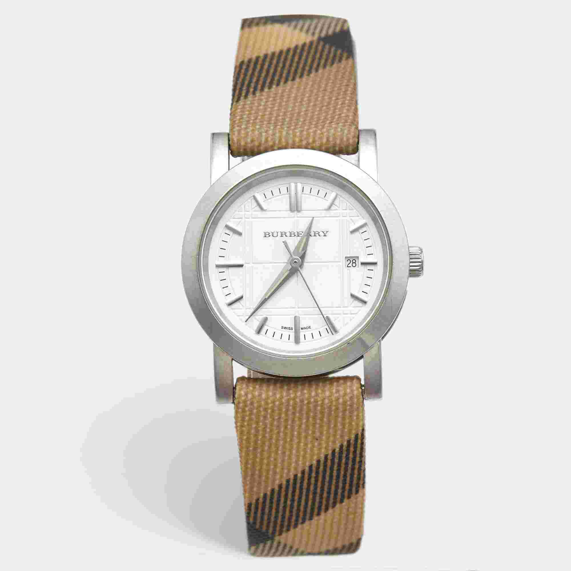 Burberry Nova Check BU1387 Silver Dial Stainless Steel Calfskin Women's Wristwatch 28mm