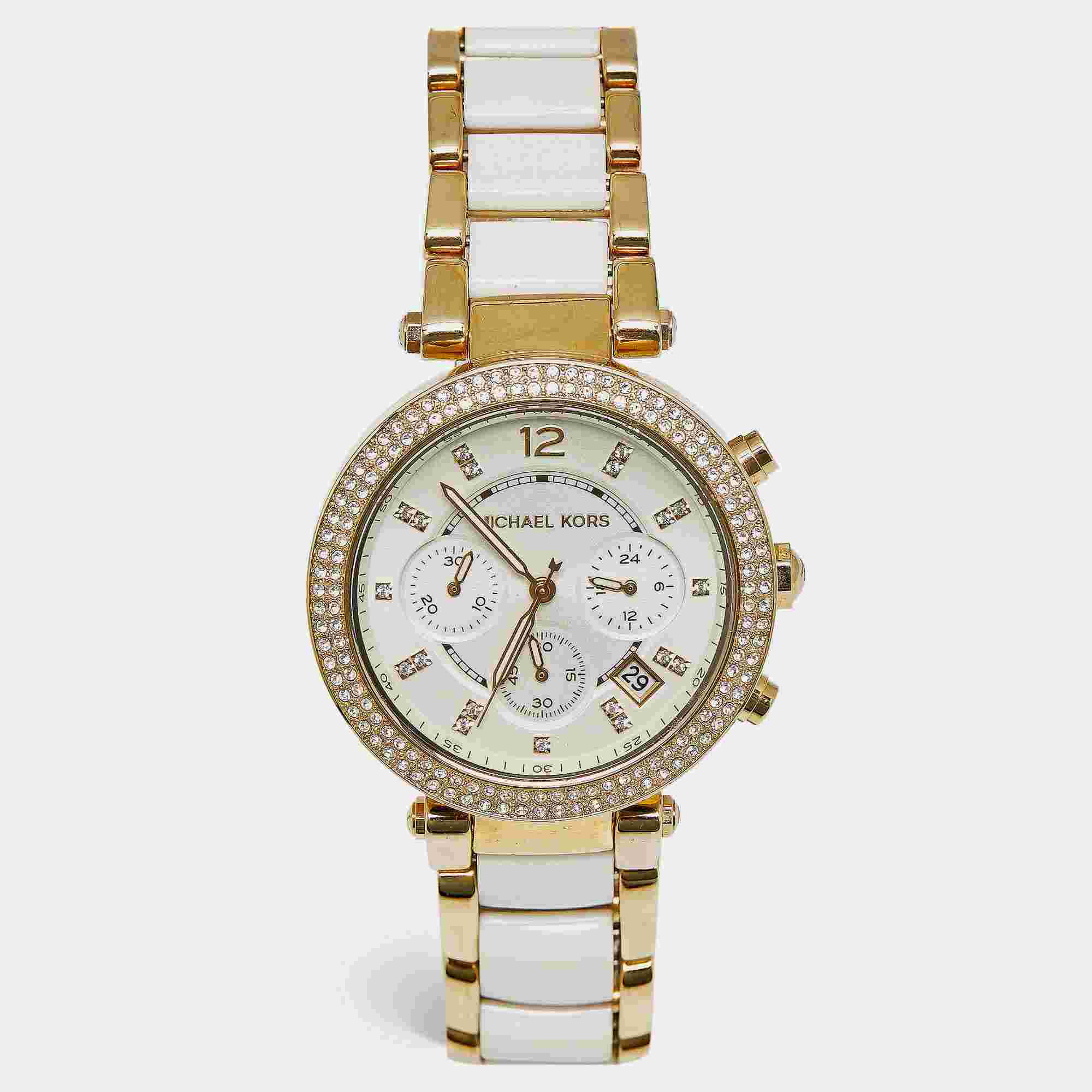 Michael Kors Parker MK6119 White Dial Gold Plated Stainless Steel Acetate Women's Wristwatch 39 mm