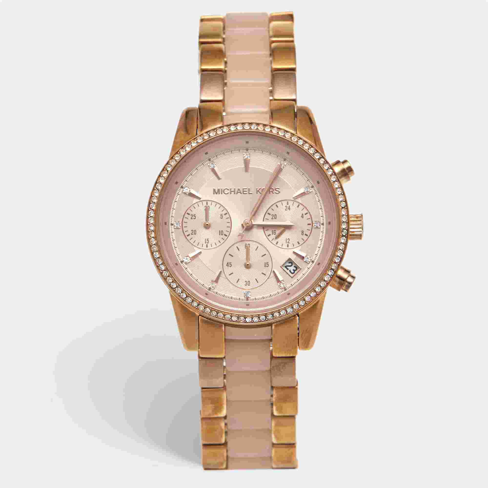 Michael Kors Ritz MK6307 Champagne Gold Tone Stainless Steel Acetate Women's Wristwatch 37 mm