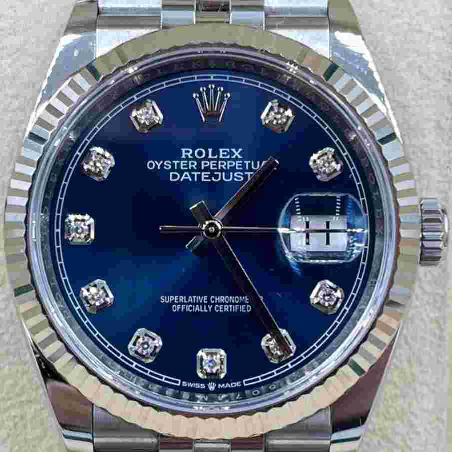 Rolex Datejust 36
Steel Datejust 36 Watch - Fluted Bezel - Blue Diamond Dial - Jubilee Bracelet 126234